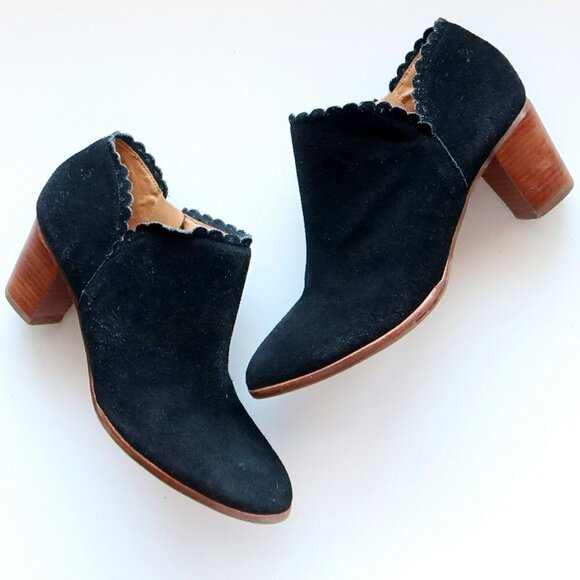 Jack Rogers Marianne Black Suede Leather Scallop Trim Ankle Boots Booties Size 8 - Picture 2 of 16